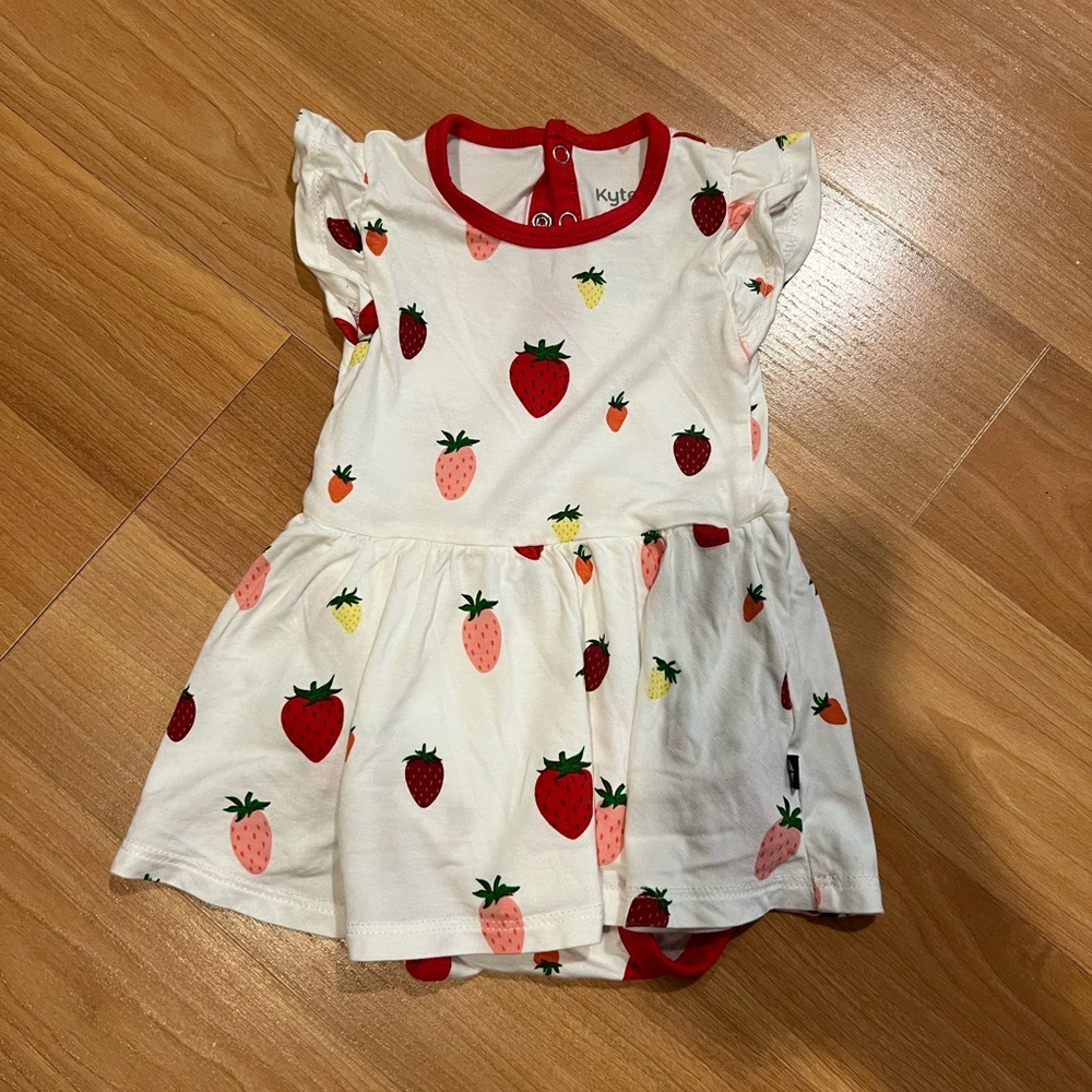 Kyte BABY Twirl Bodysuit Dress in Strawberry Print